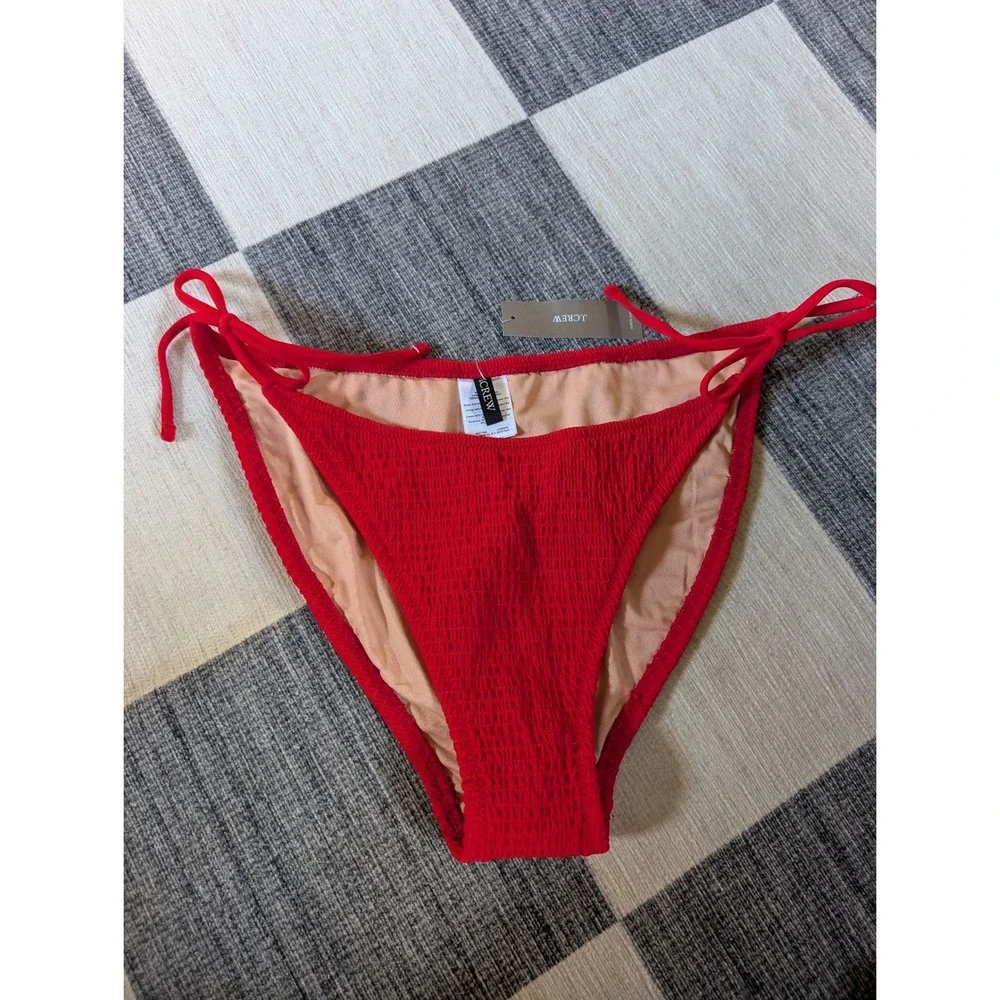 J. Crew Red Smocked‎ Side-Tie Bikini Bottom Swimsuit L NEW